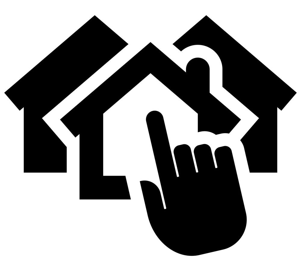 Black vector icon of hand clicking on house